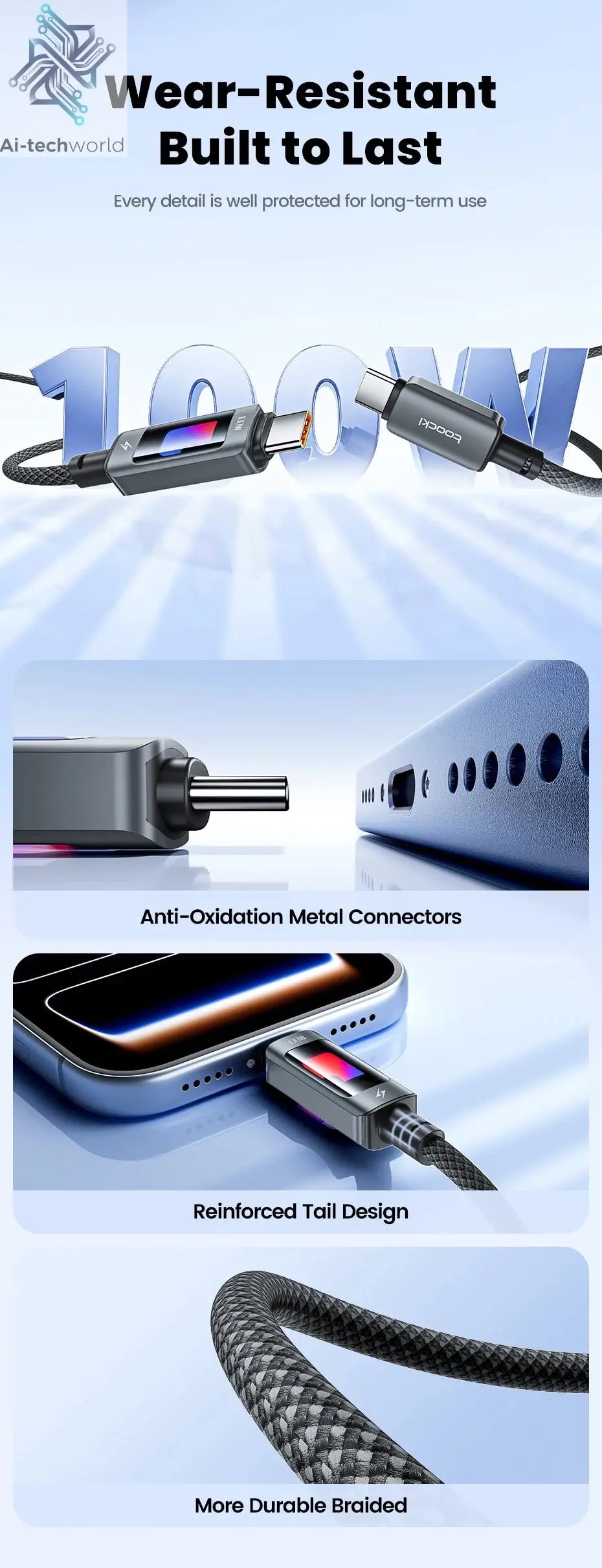 Toocki PD 100W USB C To USB C Cable PD Fast Charging Charger Cable 5A E-Marker Chip For iphone 17 16 Macbook Xiaomi Samsung S23 Ai-TechWorld 