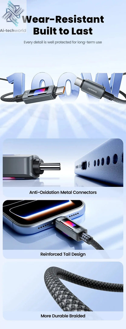 Toocki PD 100W USB C To USB C Cable PD Fast Charging Charger Cable 5A E-Marker Chip For iphone 17 16 Macbook Xiaomi Samsung S23 Ai-TechWorld 