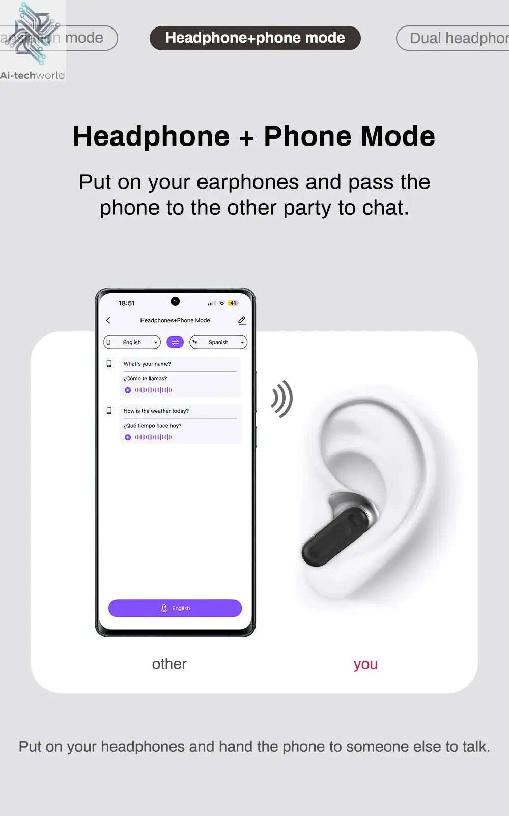 Translator HTC NE20 New Bluetooth 6.0 Wireless Headphones Translation Ai-TechWorld 
