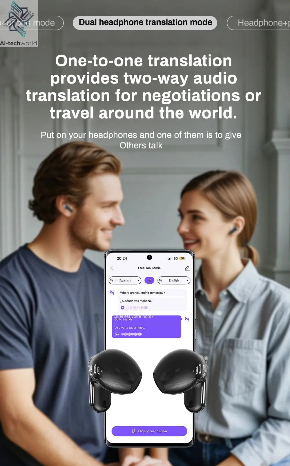 Translator HTC NE20 New Bluetooth 6.0 Wireless Headphones Translation Ai-TechWorld 