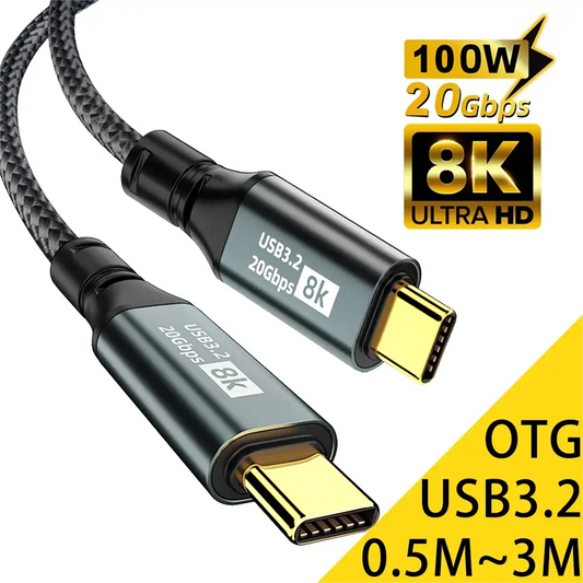 Type C to Type C PD100W Fast Charging Cable USB 3.2 20Gbps ThunderBolt 3 8K 3m Extend Data Cord For iPhone 15 Pro Max MacBook - Ai-TechWorld