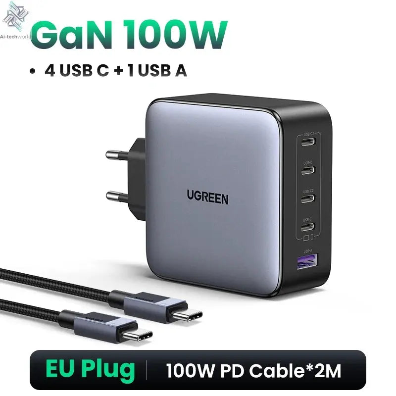 UGREEN 100W GaN Charger 5 Ports USB C Charger QC4.0 3.0 PPS For Macbook Air Laptop Tablet PDFast Charger For iPhone 16 15 14 Pro Ai-TechWorld 
