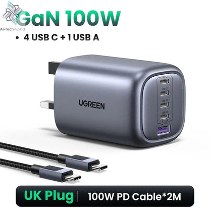 UGREEN 100W GaN Charger 5 Ports USB C Charger QC4.0 3.0 PPS For Macbook Air Laptop Tablet PDFast Charger For iPhone 16 15 14 Pro Ai-TechWorld 