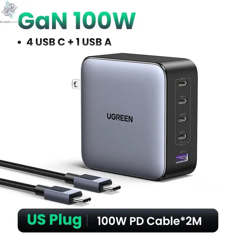 UGREEN 100W GaN Charger 5 Ports USB C Charger QC4.0 3.0 PPS For Macbook Air Laptop Tablet PDFast Charger For iPhone 16 15 14 Pro Ai-TechWorld 