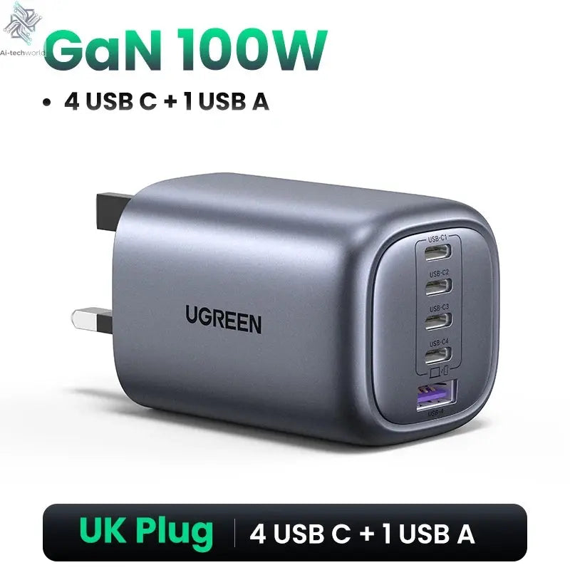 UGREEN 100W GaN Charger 5 Ports USB C Charger QC4.0 3.0 PPS For Macbook Air Laptop Tablet PDFast Charger For iPhone 16 15 14 Pro Ai-TechWorld 