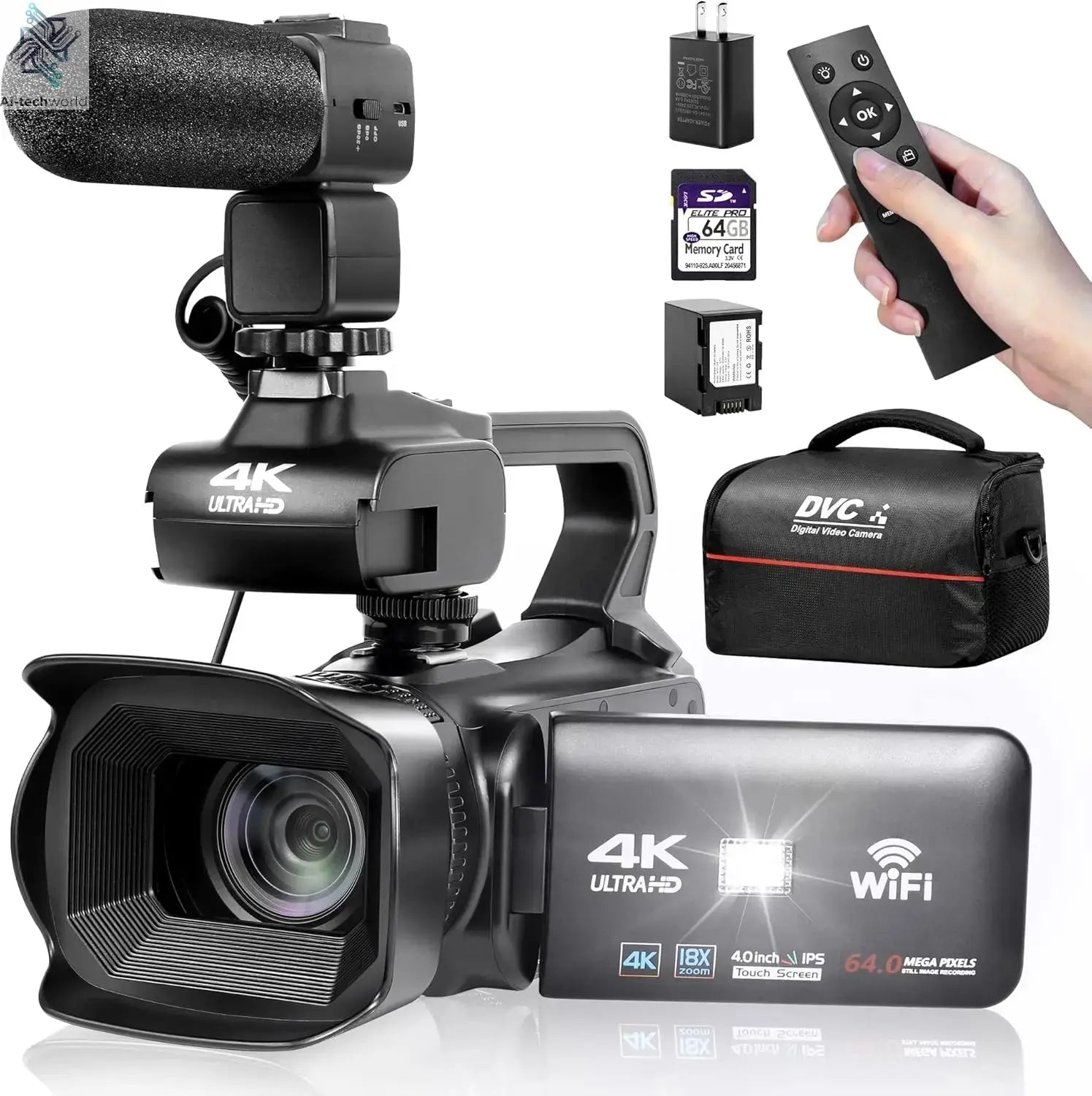 UHD 4k Video Camera Camcorder with 18X Digital Zoom,64MP Digital Camera Recorder,4.0 - inch Rotating Touchscreen,64GB SD Card,Micr - Ai - TechWorld