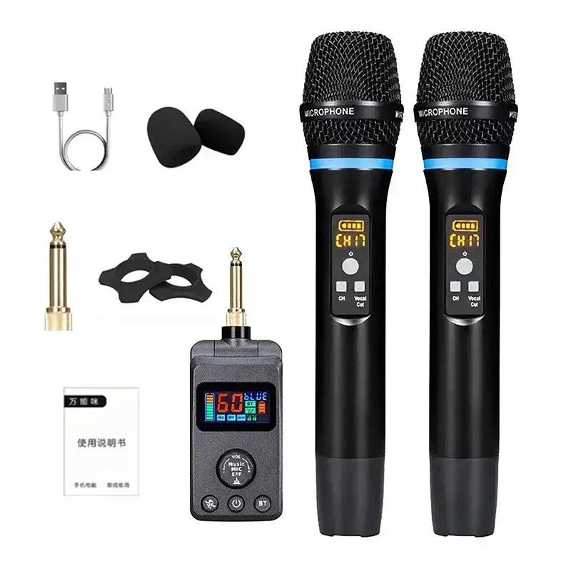 UHF Dual Wireless Dynamic Karaoke Microphone System Anti-Howling Rechargeable Receiver Plug Play Microphone Set Built-in Lithium Ai-TechWorld 