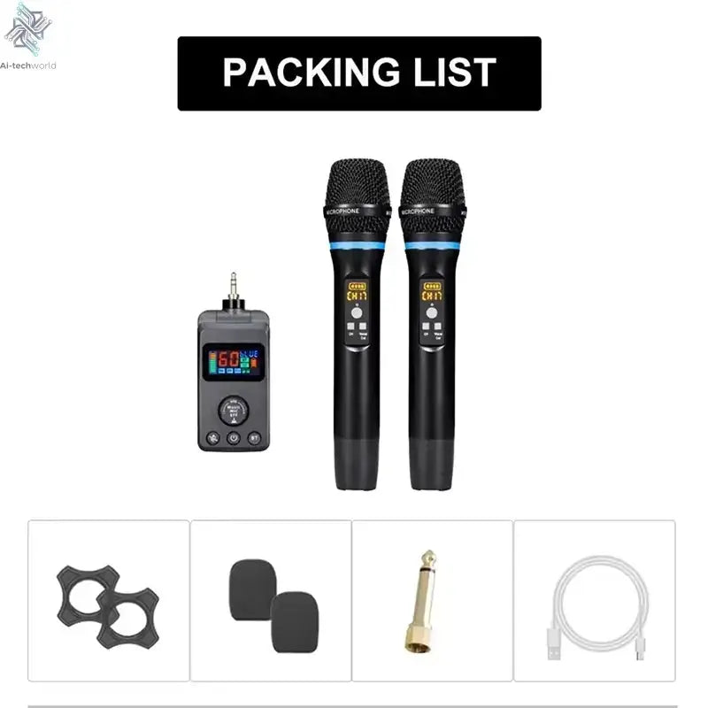 UHF Dual Wireless Dynamic Karaoke Microphone System Anti-Howling Rechargeable Receiver Plug Play Microphone Set Built-in Lithium Ai-TechWorld 