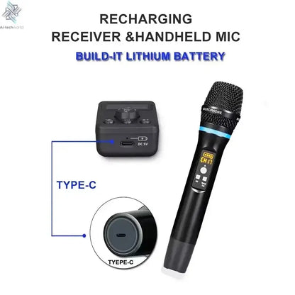 UHF Dual Wireless Dynamic Karaoke Microphone System Anti-Howling Rechargeable Receiver Plug Play Microphone Set Built-in Lithium Ai-TechWorld 