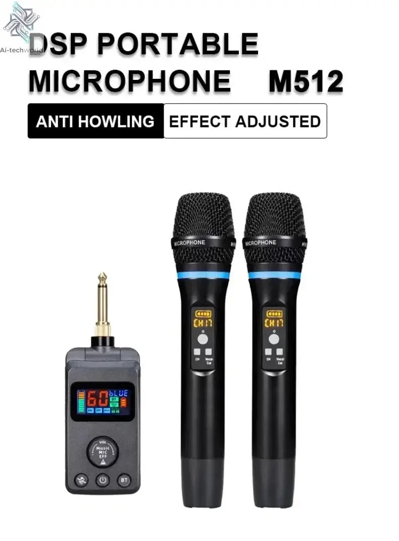 UHF Dual Wireless Dynamic Karaoke Microphone System Anti-Howling Rechargeable Receiver Plug Play Microphone Set Built-in Lithium Ai-TechWorld 