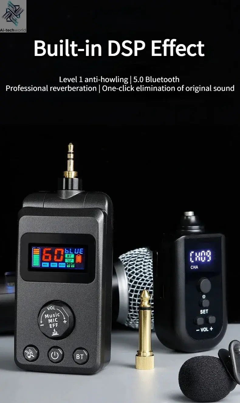 UHF Dual Wireless Dynamic Karaoke Microphone System Anti-Howling Rechargeable Receiver Plug Play Microphone Set Built-in Lithium Ai-TechWorld 