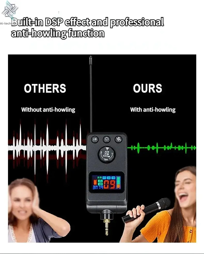 UHF Dual Wireless Dynamic Karaoke Microphone System Anti-Howling Rechargeable Receiver Plug Play Microphone Set Built-in Lithium Ai-TechWorld 