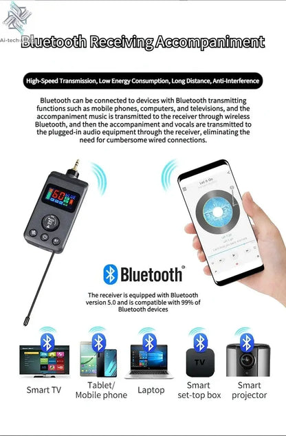 UHF Dual Wireless Dynamic Karaoke Microphone System Anti-Howling Rechargeable Receiver Plug Play Microphone Set Built-in Lithium Ai-TechWorld 