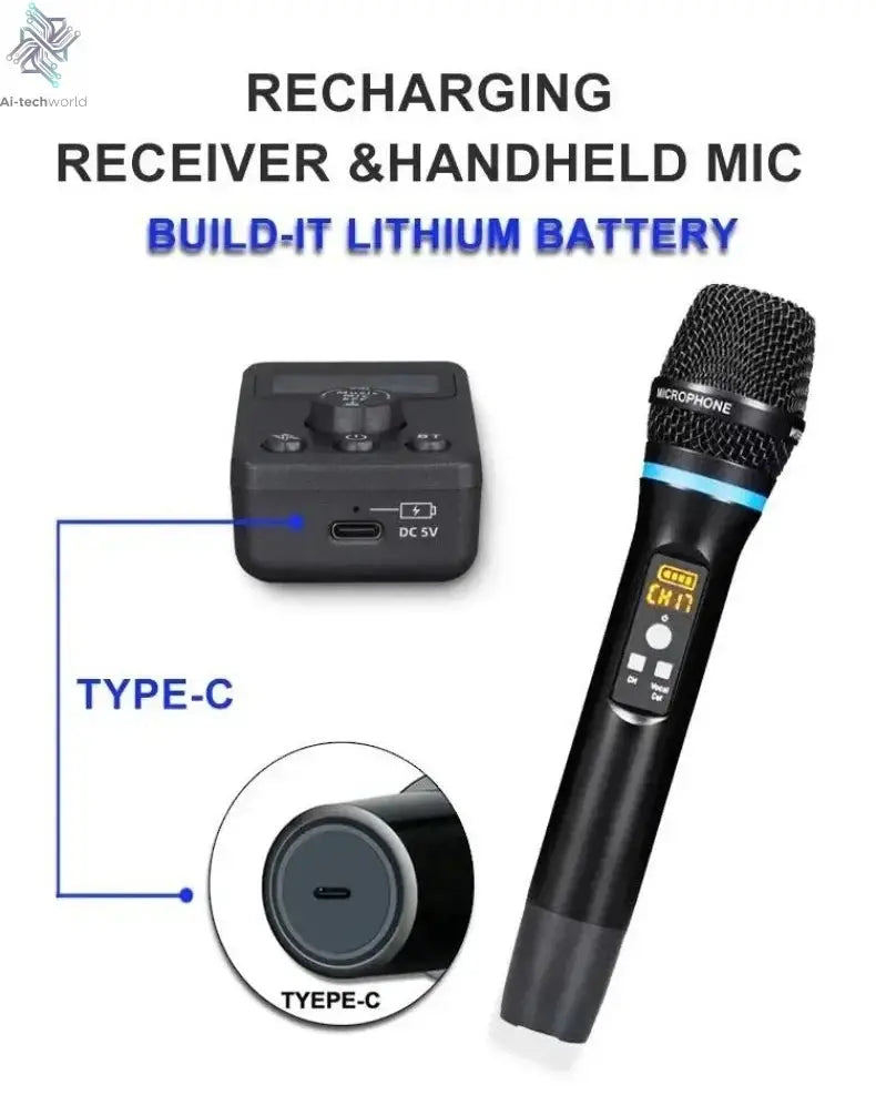 UHF Dual Wireless Dynamic Karaoke Microphone System Anti-Howling Rechargeable Receiver Plug Play Microphone Set Built-in Lithium Ai-TechWorld 