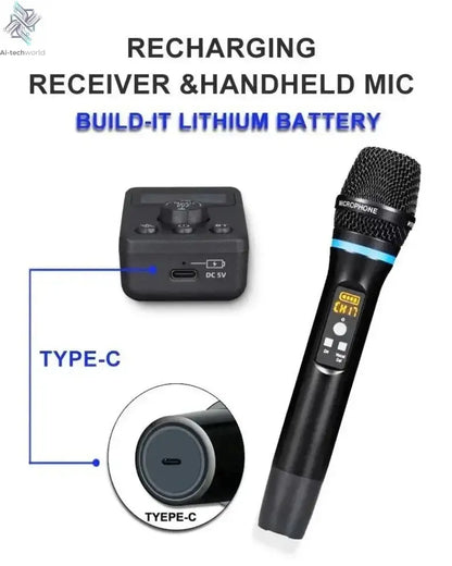 UHF Dual Wireless Dynamic Karaoke Microphone System Anti-Howling Rechargeable Receiver Plug Play Microphone Set Built-in Lithium Ai-TechWorld 