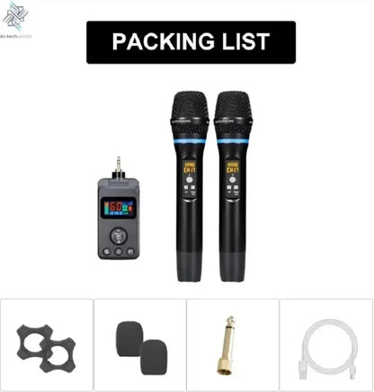UHF Dual Wireless Dynamic Karaoke Microphone System Anti-Howling Rechargeable Receiver Plug Play Microphone Set Built-in Lithium Ai-TechWorld 