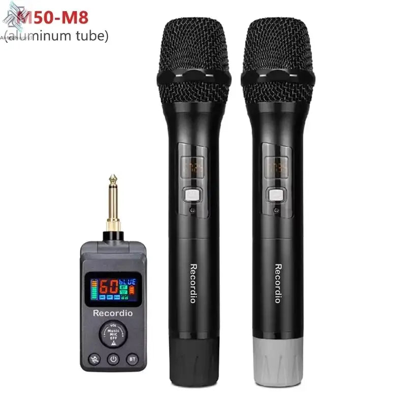 UHF Dual Wireless Dynamic Karaoke Microphone System Anti-Howling Rechargeable Receiver Plug Play Microphone Set Built-in Lithium Ai-TechWorld 