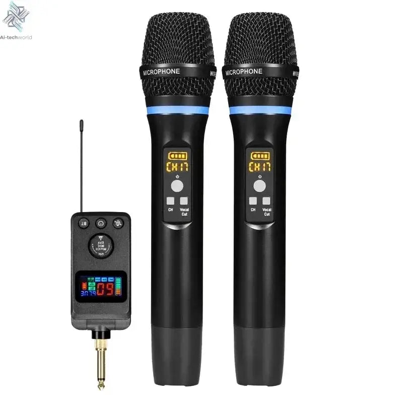 UHF Dual Wireless Dynamic Karaoke Microphone System Anti-Howling Rechargeable Receiver Plug Play Microphone Set Built-in Lithium Ai-TechWorld 