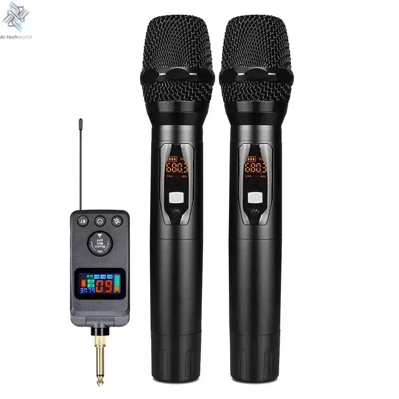 UHF Dual Wireless Dynamic Karaoke Microphone System Anti-Howling Rechargeable Receiver Plug Play Microphone Set Built-in Lithium Ai-TechWorld 