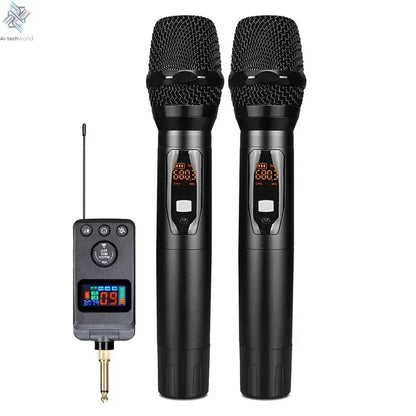 UHF Dual Wireless Dynamic Karaoke Microphone System Anti-Howling Rechargeable Receiver Plug Play Microphone Set Built-in Lithium Ai-TechWorld 