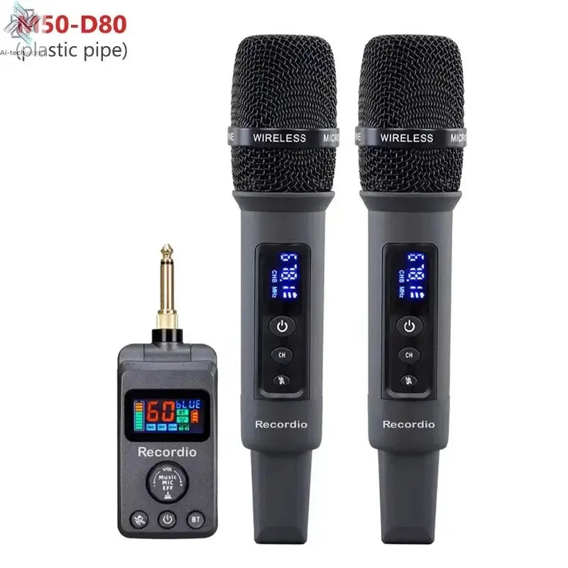 UHF Dual Wireless Dynamic Karaoke Microphone System Anti-Howling Rechargeable Receiver Plug Play Microphone Set Built-in Lithium Ai-TechWorld 