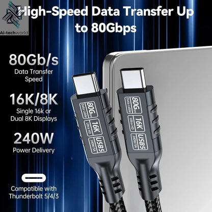 USB 5 PD240W 80Gbps Thunderbolt 5 Type-C Cable 16K 8K 48V/5A Type-C to USB C for iphone 16 Pro Tablet Switch Laptop MacBook Pro - Ai-TechWorld