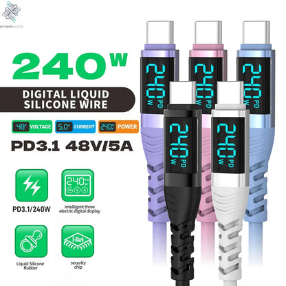 USB C Cable 240W 5A Fast Charging USB C Charger Cable with LED Display USB C to USB C Cord for iPhone 17/16,MacBook,Galaxy S24 - Ai-TechWorld