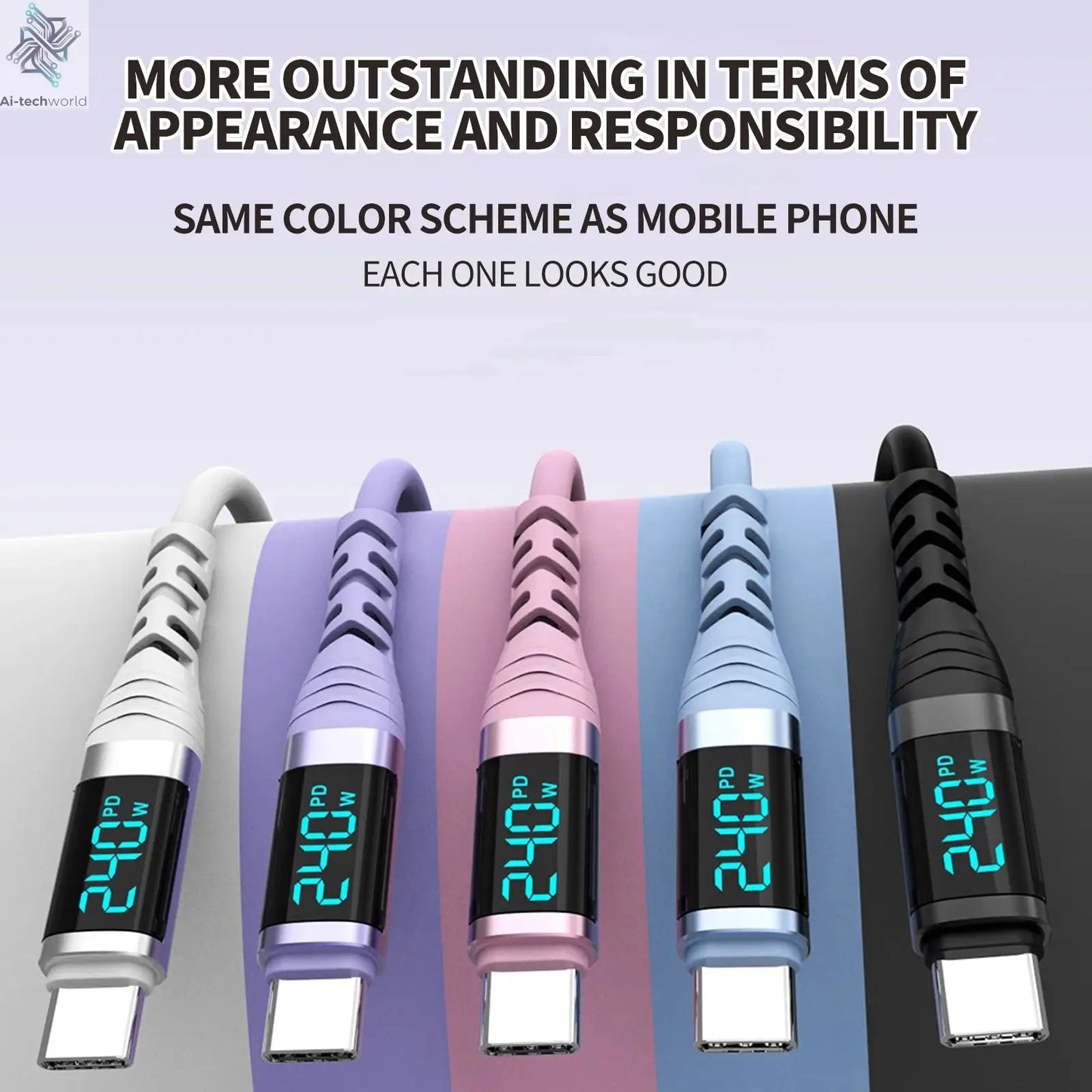 USB C Cable 240W 5A Fast Charging USB C Charger Cable with LED Display USB C to USB C Cord for iPhone 17/16,MacBook,Galaxy S24 - Ai-TechWorld