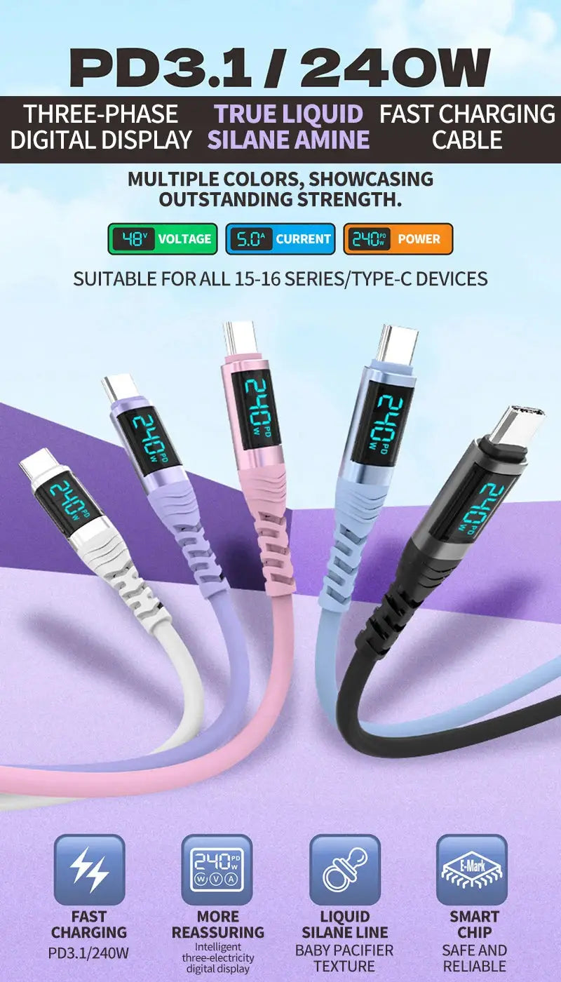 USB C Cable 240W 5A Fast Charging USB C Charger Cable with LED Display USB C to USB C Cord for iPhone 17/16,MacBook,Galaxy S24 - Ai-TechWorld