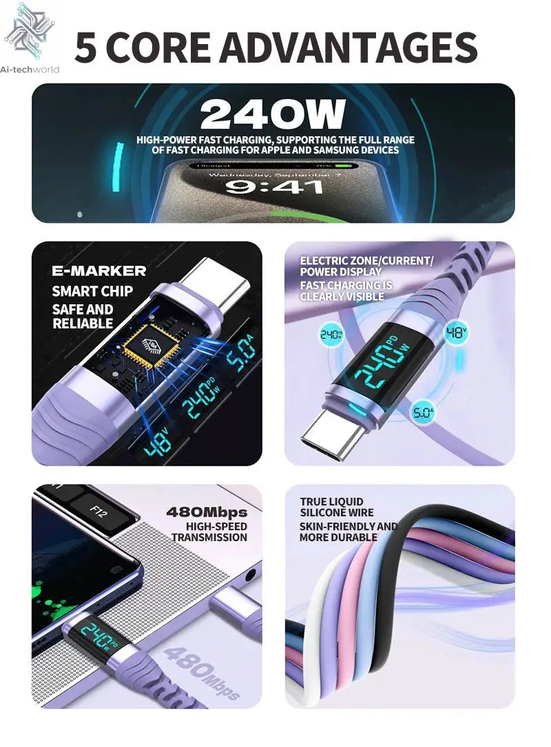USB C Cable 240W 5A Fast Charging USB C Charger Cable with LED Display USB C to USB C Cord for iPhone 17/16,MacBook,Galaxy S24 - Ai-TechWorld