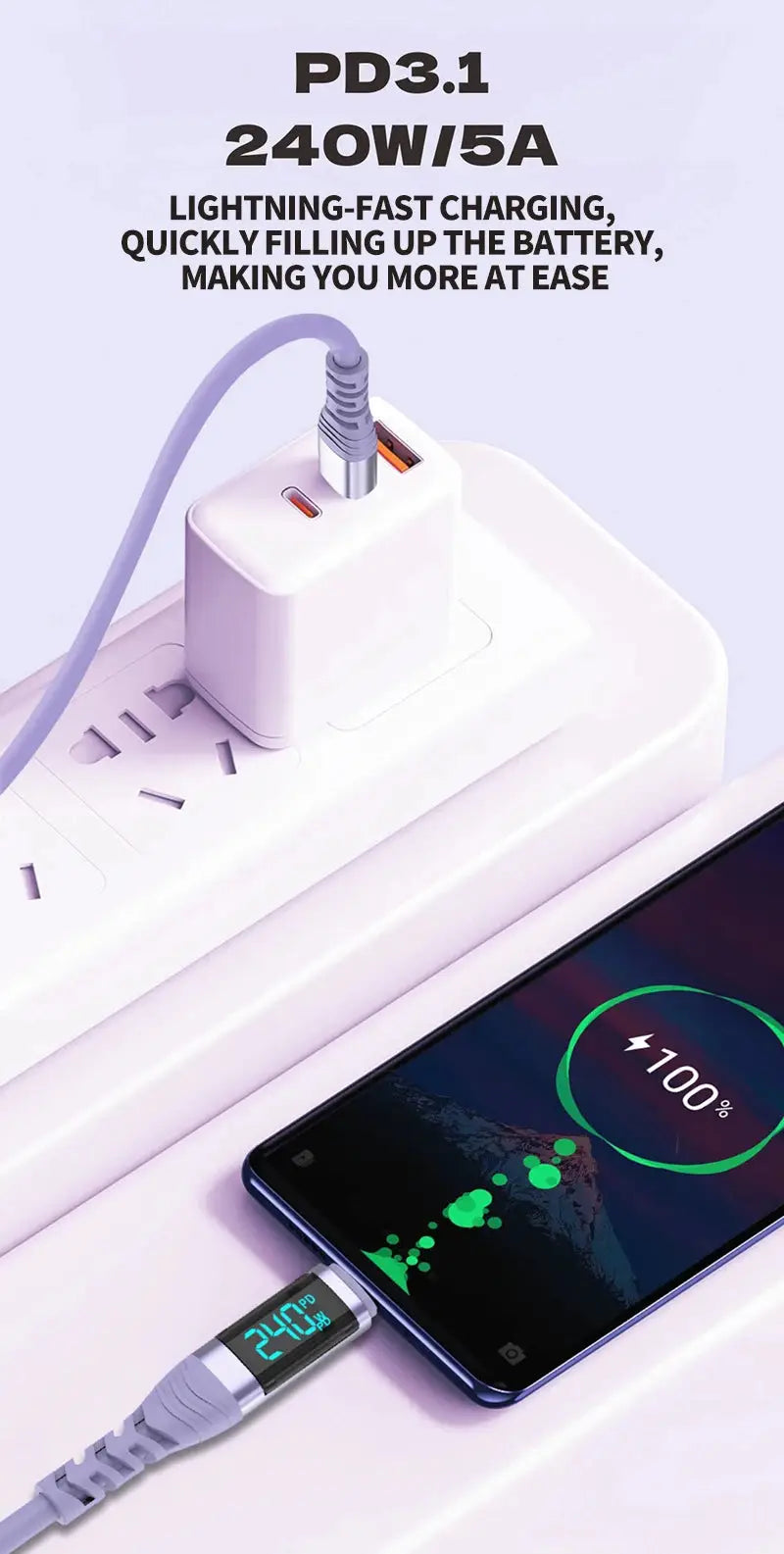 USB C Cable 240W 5A Fast Charging USB C Charger Cable with LED Display USB C to USB C Cord for iPhone 17/16,MacBook,Galaxy S24 - Ai-TechWorld