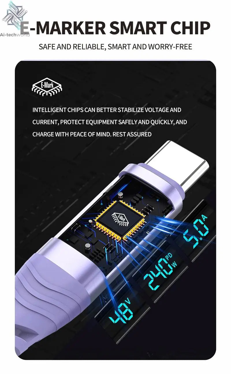USB C Cable 240W 5A Fast Charging USB C Charger Cable with LED Display USB C to USB C Cord for iPhone 17/16,MacBook,Galaxy S24 - Ai-TechWorld