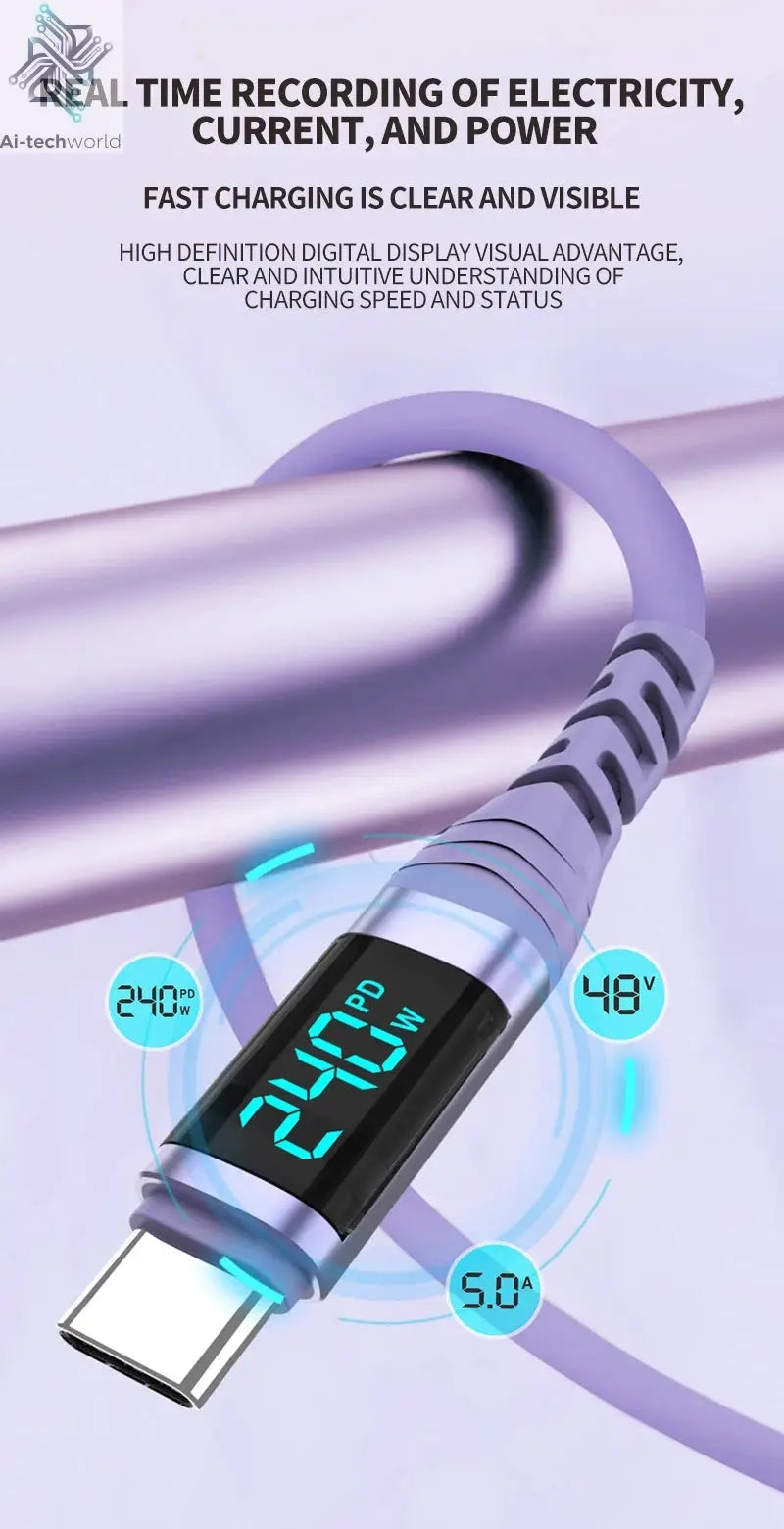 USB C Cable 240W 5A Fast Charging USB C Charger Cable with LED Display USB C to USB C Cord for iPhone 17/16,MacBook,Galaxy S24 - Ai-TechWorld