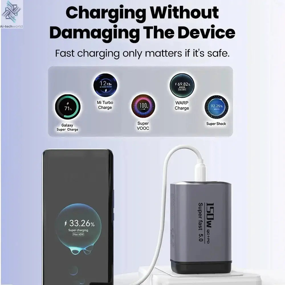 USB Type C 150W Charger USB QC3.0 Fast Charging Mobile Phone Charger Travel Adapter For iPhone 17 Samsung Xiaomi EU/UK/US Plug Ai-TechWorld 