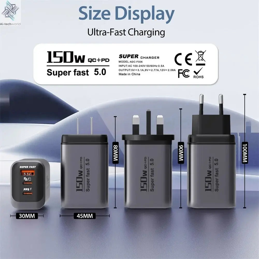 USB Type C 150W Charger USB QC3.0 Fast Charging Mobile Phone Charger Travel Adapter For iPhone 17 Samsung Xiaomi EU/UK/US Plug Ai-TechWorld 