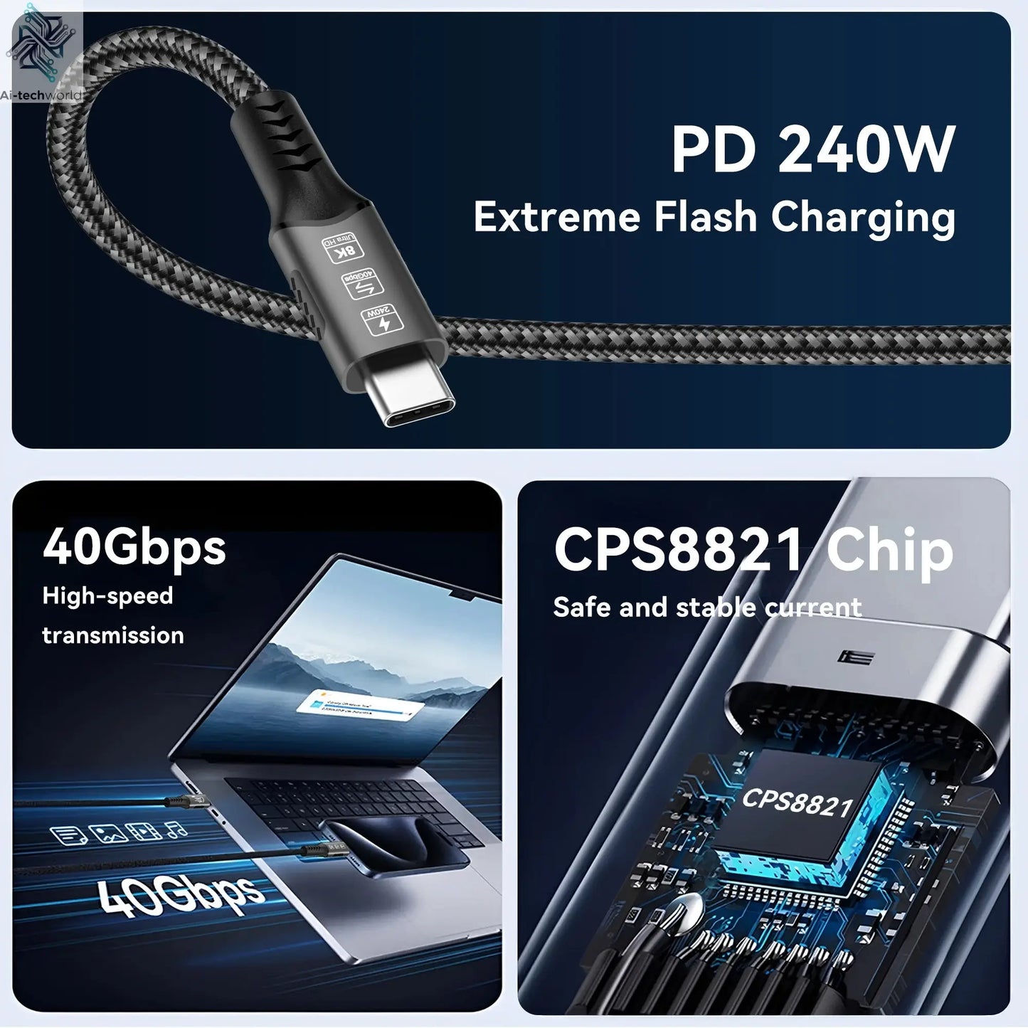 USB4 Cable 40Gbps 48V 240W For Thunderbolt 4 Type C Fast Charging Cable Thunderbolt3 USB C to C Data Transfer Cable For laptop - Ai-TechWorld