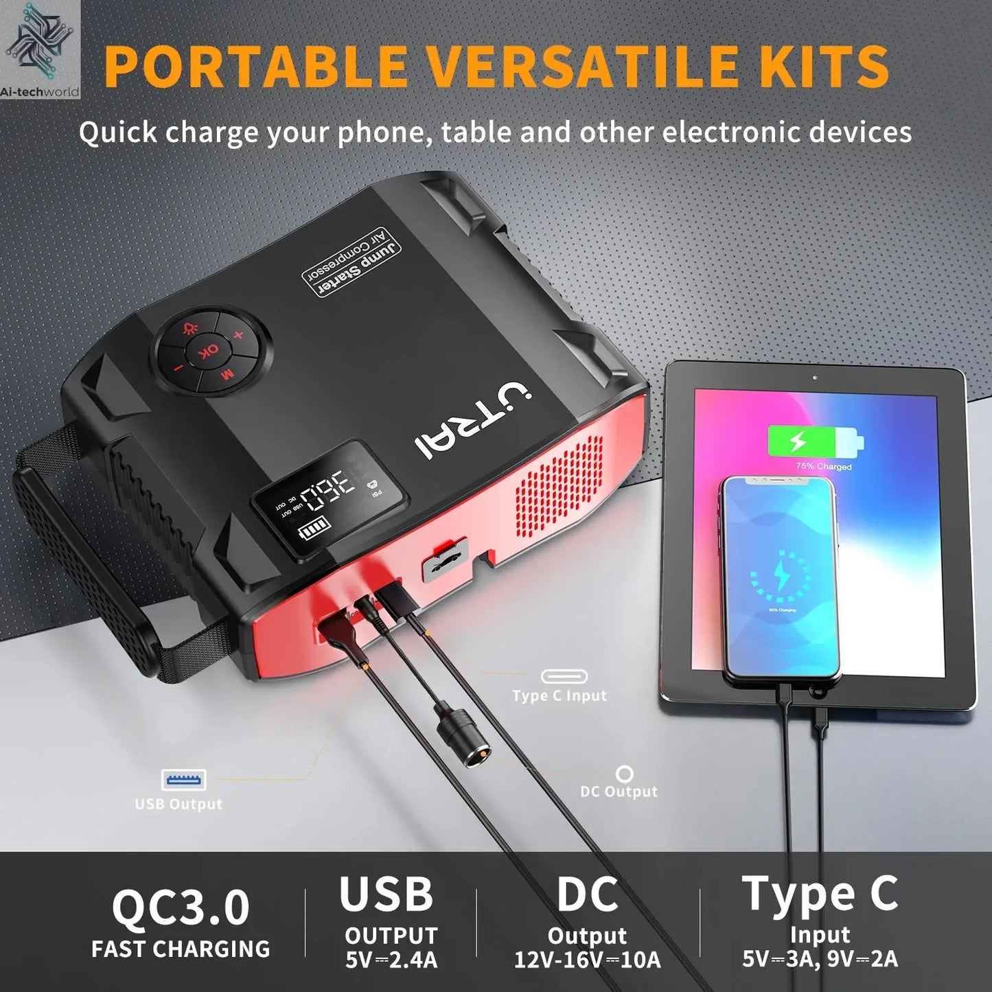UTRAI 4 In 1 2000A Jump Starter Power Bank 16000mAh 150PSI Air Compressor Tire Pump Portable Charger Car Booster Starting Device Ai-TechWorld 