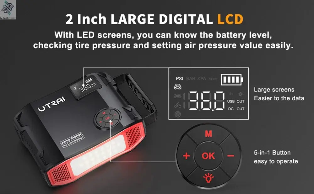 UTRAI 4 In 1 2000A Jump Starter Power Bank 16000mAh 150PSI Air Compressor Tire Pump Portable Charger Car Booster Starting Device Ai-TechWorld 