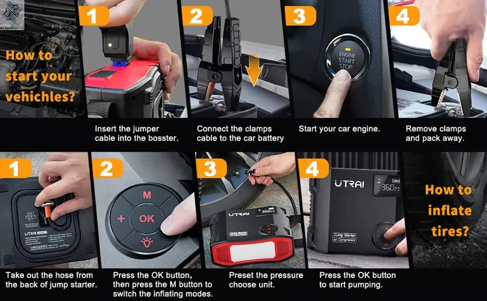 UTRAI 4 In 1 2000A Jump Starter Power Bank 16000mAh 150PSI Air Compressor Tire Pump Portable Charger Car Booster Starting Device Ai-TechWorld 
