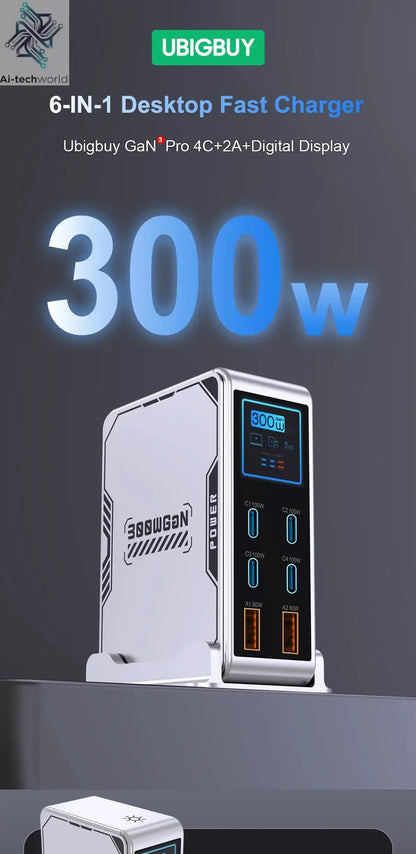 Ubigbuy 300W GaN Charger PPS PD 100W USB Type C 6-Port Digital Display Desktop Fast Charging Station for MacBook iPhone Samsung Ai-TechWorld 