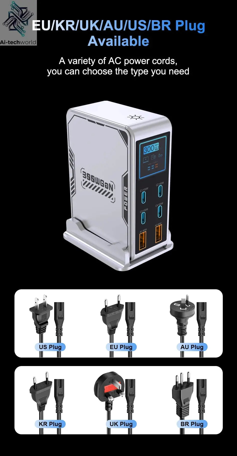 Ubigbuy 300W GaN Charger PPS PD 100W USB Type C 6-Port Digital Display Desktop Fast Charging Station for MacBook iPhone Samsung Ai-TechWorld 