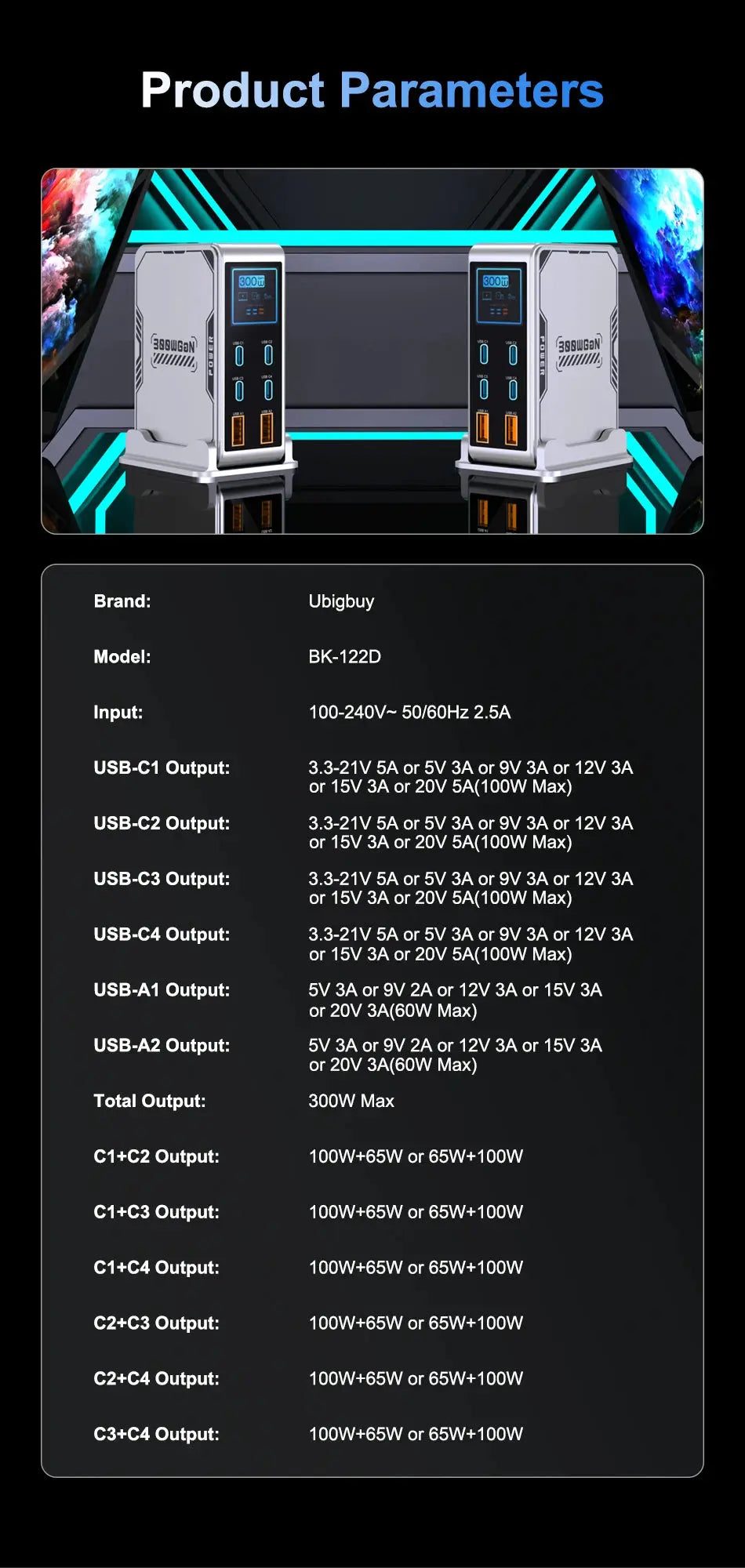 Ubigbuy 300W GaN Charger PPS PD 100W USB Type C 6-Port Digital Display Desktop Fast Charging Station for MacBook iPhone Samsung Ai-TechWorld 