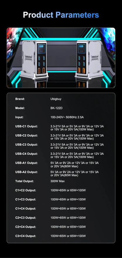 Ubigbuy 300W GaN Charger PPS PD 100W USB Type C 6-Port Digital Display Desktop Fast Charging Station for MacBook iPhone Samsung Ai-TechWorld 