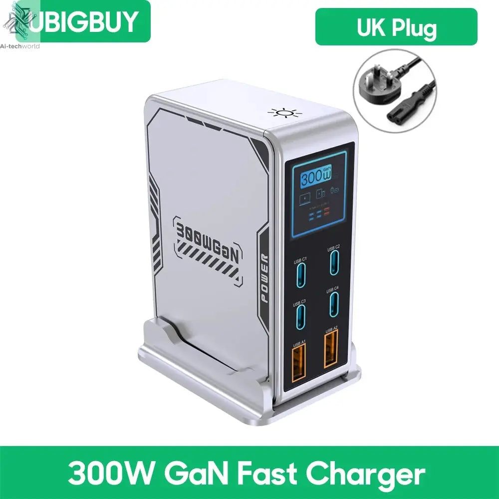 Ubigbuy 300W GaN Charger PPS PD 100W USB Type C 6-Port Digital Display Desktop Fast Charging Station for MacBook iPhone Samsung Ai-TechWorld 