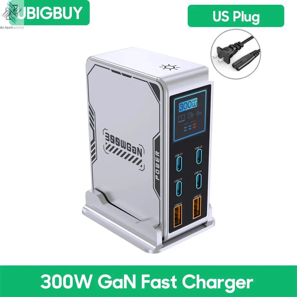 Ubigbuy 300W GaN Charger PPS PD 100W USB Type C 6-Port Digital Display Desktop Fast Charging Station for MacBook iPhone Samsung Ai-TechWorld 