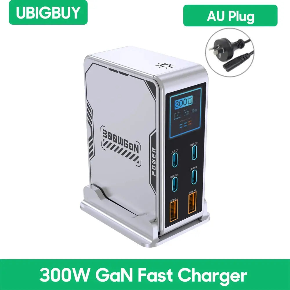 Ubigbuy 300W GaN Charger PPS PD 100W USB Type C 6-Port Digital Display Desktop Fast Charging Station for MacBook iPhone Samsung Ai-TechWorld 