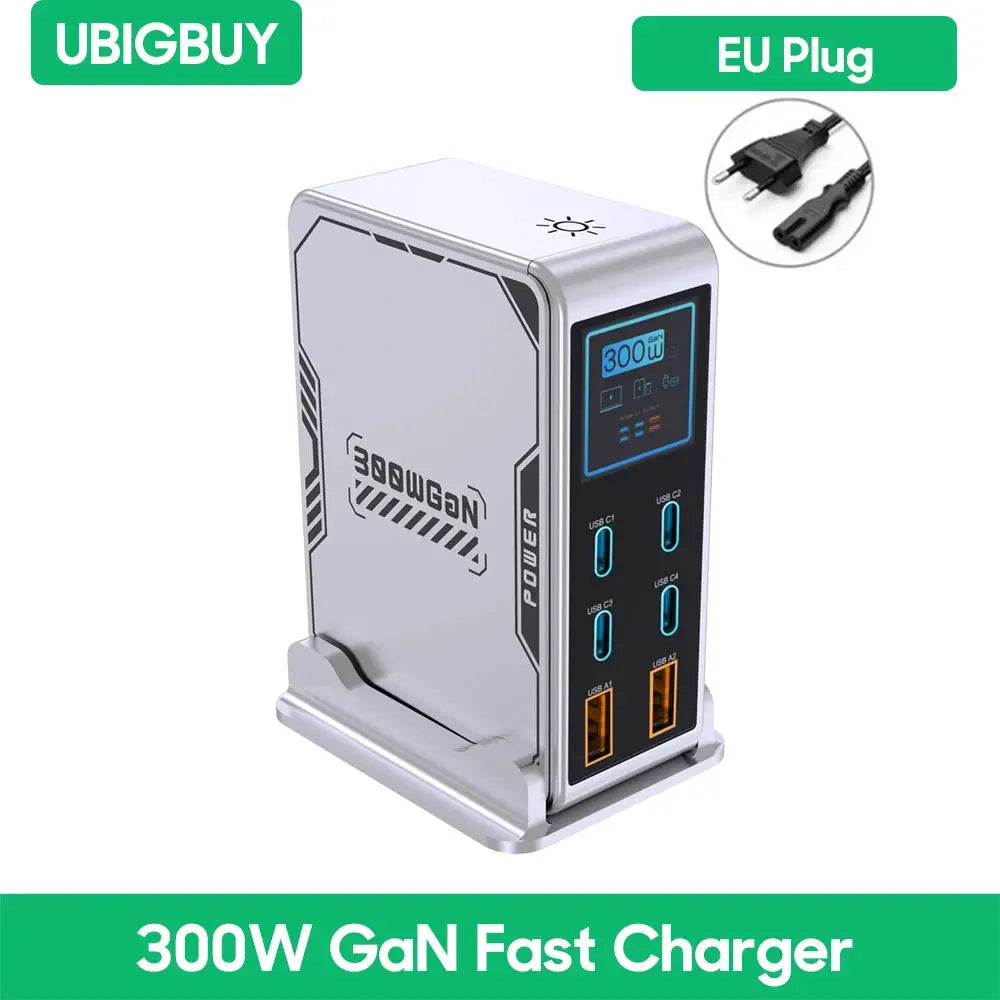 Ubigbuy 300W GaN Charger PPS PD 100W USB Type C 6-Port Digital Display Desktop Fast Charging Station for MacBook iPhone Samsung Ai-TechWorld 
