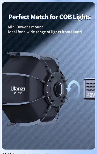 Ulanzi AS-D30 30cm Octagonal Softbox Quick Pack Light Box with Mini Bowens Mount for 40W COB Video Light Ai-TechWorld 
