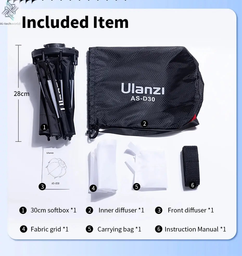 Ulanzi AS-D30 30cm Octagonal Softbox Quick Pack Light Box with Mini Bowens Mount for 40W COB Video Light Ai-TechWorld 