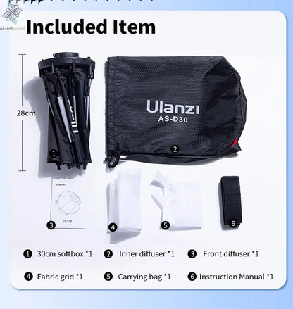 Ulanzi AS-D30 30cm Octagonal Softbox Quick Pack Light Box with Mini Bowens Mount for 40W COB Video Light Ai-TechWorld 